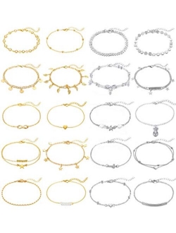 KOHOTA 20Pcs Ankle Bracelets for Women Silver Gold Anklet Set Boho Anklets Bracelets Layered Adjustable Chain Beach Barefoot Foot Jewelry