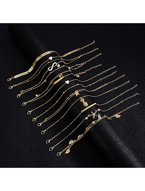 KOHOTA 20Pcs Ankle Bracelets for Women Silver Gold Anklet Set Boho Anklets Bracelets Layered Adjustable Chain Beach Barefoot Foot Jewelry