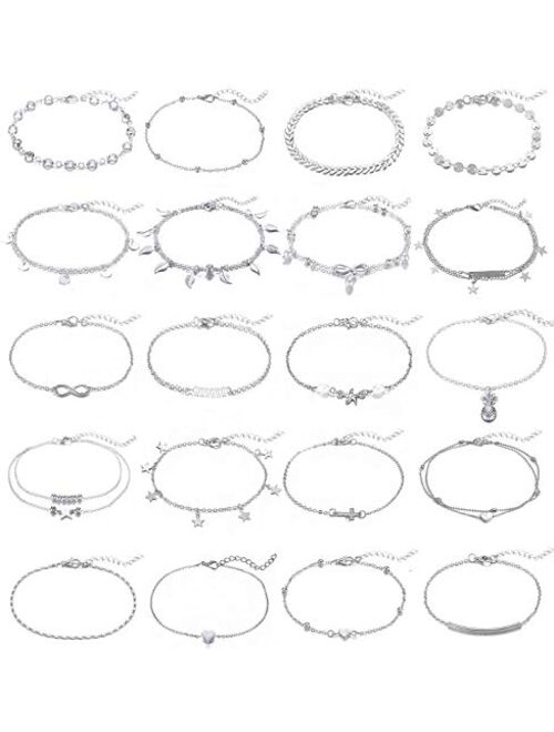 KOHOTA 20Pcs Ankle Bracelets for Women Silver Gold Anklet Set Boho Anklets Bracelets Layered Adjustable Chain Beach Barefoot Foot Jewelry