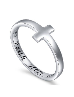 DAOCHONG Inspirational Jewelry Sterling Silver Faith Hope Love Sideways Cross Ring, Size 5-10