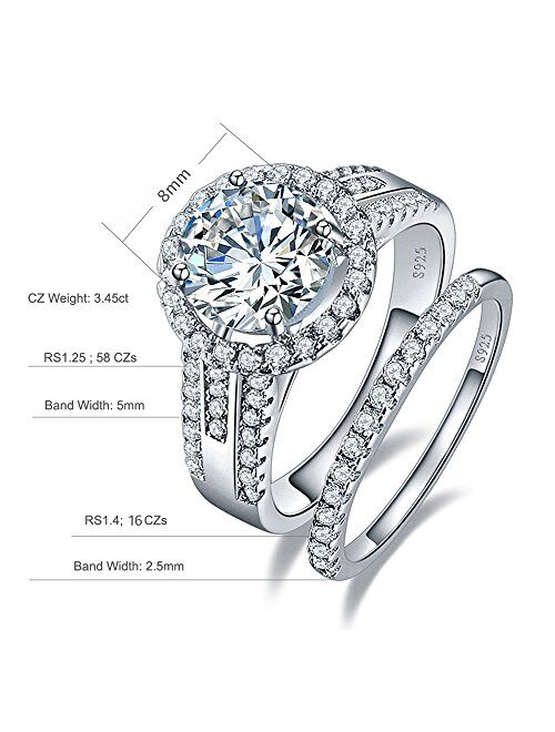 BONLAVIE 3.45ct 925 Sterling Silver Cubic Zirconia Halo Anniversary Wedding Band Engagement Ring Bridal Set