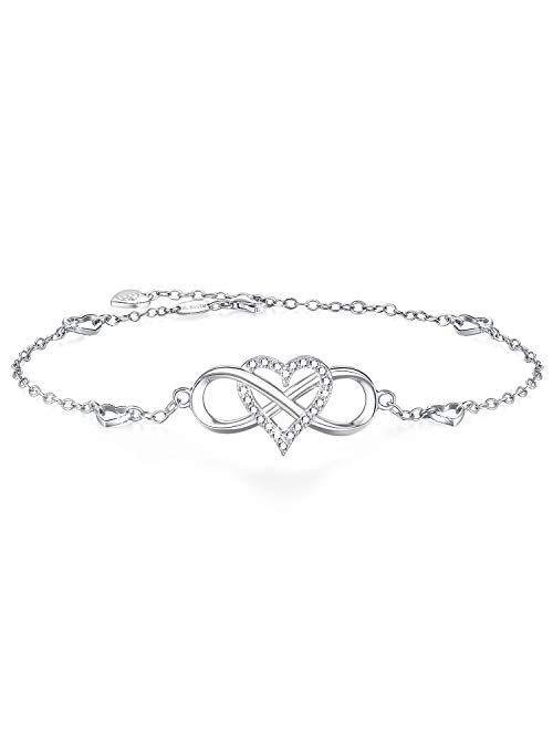 BlingGem Womens Ankle Bracelet 925 Sterling Silver Anklet Cubic Zirconia Infinity Heart Summer Beach Stylish Chain Adjustable Gift for Women