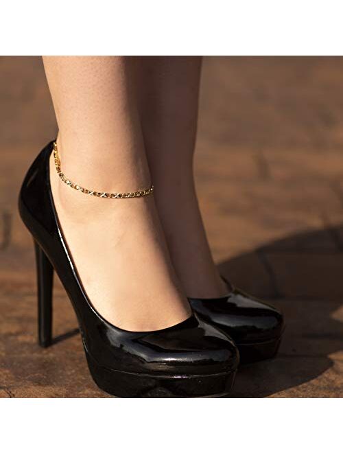 LIFETIME JEWELRY 4mm Diamond Cut Star Flat Link Chain Anklet 24k Real Gold Plated