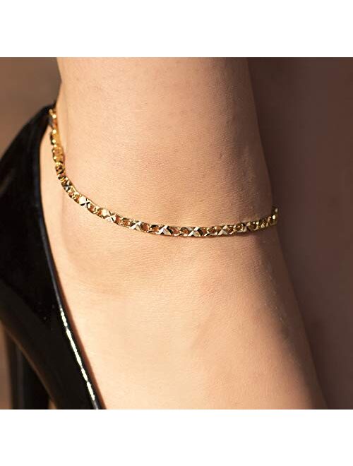 LIFETIME JEWELRY 4mm Diamond Cut Star Flat Link Chain Anklet 24k Real Gold Plated