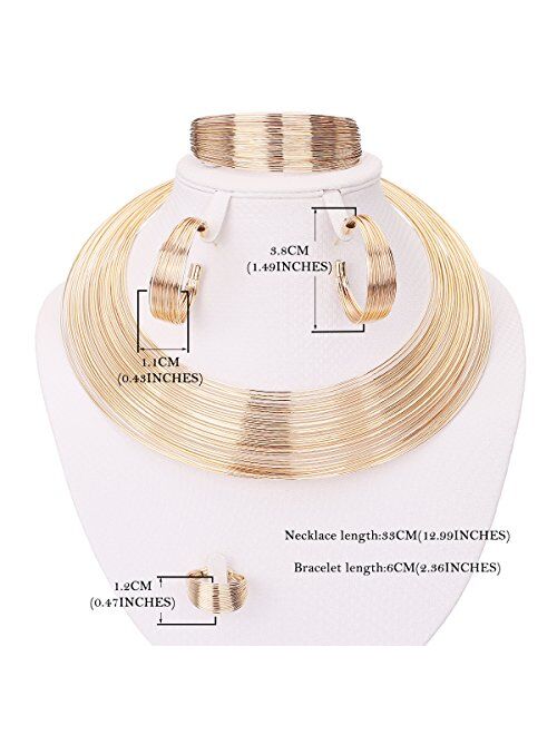 MOOCHI Gold Plated African Multiple Strands Choker Women Necklace Earrings Chunky Costume Statement Jewelry Set