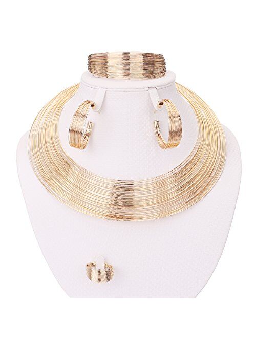 MOOCHI Gold Plated African Multiple Strands Choker Women Necklace Earrings Chunky Costume Statement Jewelry Set