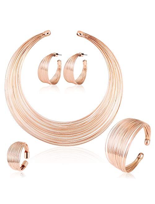 MOOCHI Gold Plated African Multiple Strands Choker Women Necklace Earrings Chunky Costume Statement Jewelry Set