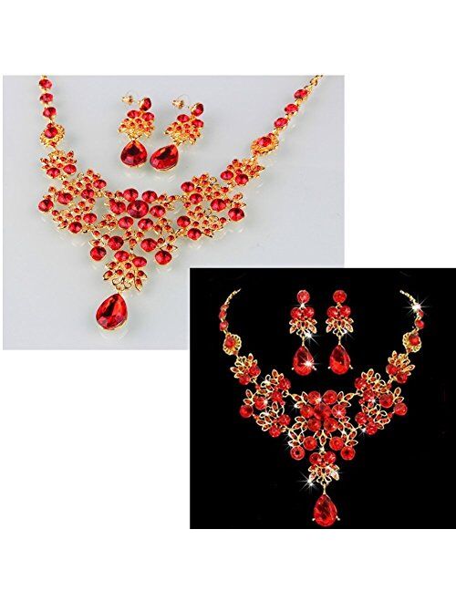 Dxhycc Silver Red Alloy Rhinestone Earrings Crystal Pendant Necklace Bridal Jewelry Set (Red)