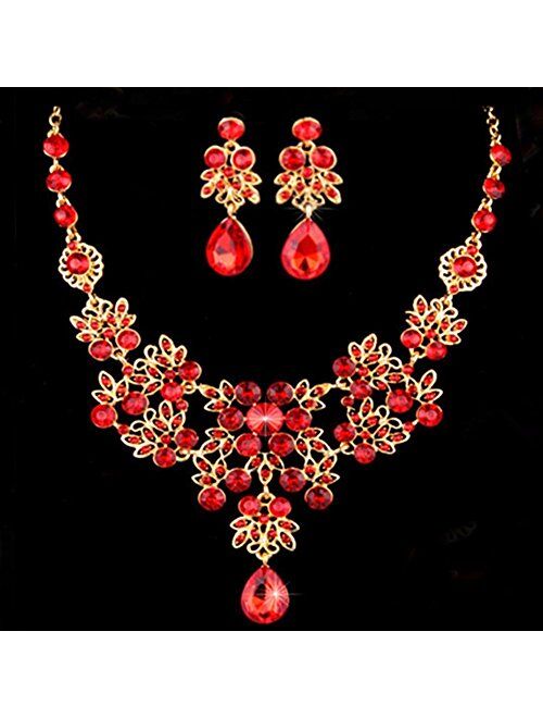 Dxhycc Silver Red Alloy Rhinestone Earrings Crystal Pendant Necklace Bridal Jewelry Set (Red)