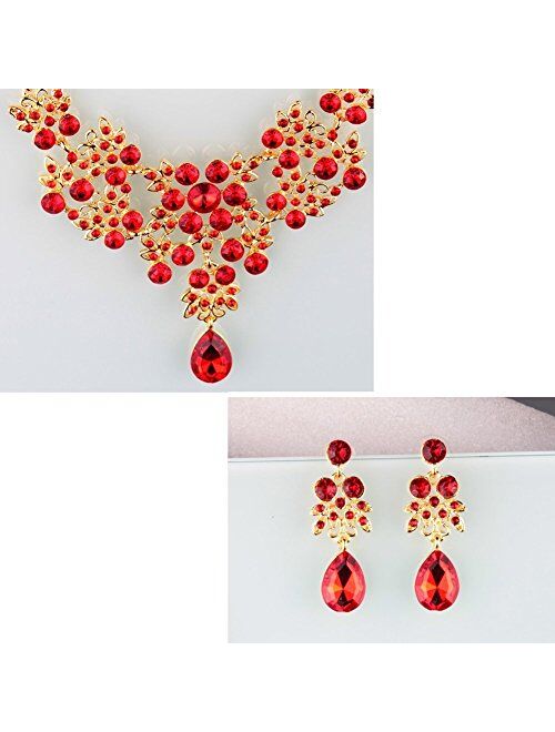 Dxhycc Silver Red Alloy Rhinestone Earrings Crystal Pendant Necklace Bridal Jewelry Set (Red)