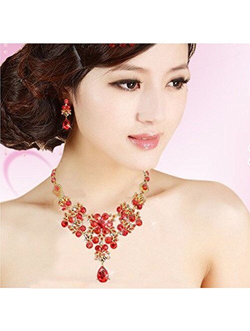 Dxhycc Silver Red Alloy Rhinestone Earrings Crystal Pendant Necklace Bridal Jewelry Set (Red)