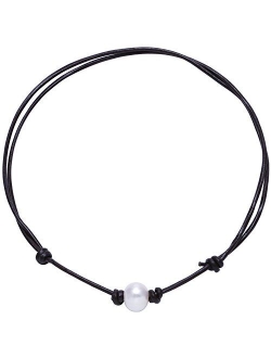 Aobei Single Cultured Freshwater Pearl Choker Necklace for Women Genuine Leather Jewelry Handmade