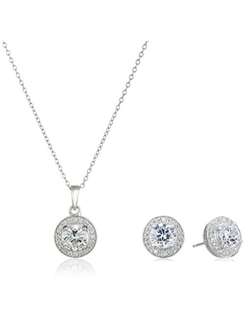 Amazon Collection Sterling Silver Cubic Zirconia Halo Pendant Necklace and Stud Earrings Jewelry Set