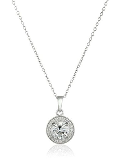 Amazon Collection Sterling Silver Cubic Zirconia Halo Pendant Necklace and Stud Earrings Jewelry Set