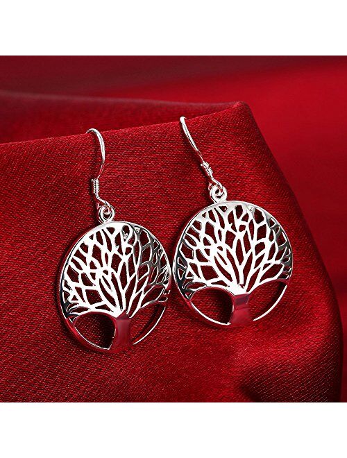 Tree of Life Earrings,Fashion Jewelry Sterling Silver Plated Tree Pendants Drop Dangle Earrings Necklace Set for Women Girls