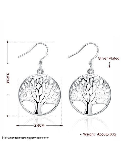 Tree of Life Earrings,Fashion Jewelry Sterling Silver Plated Tree Pendants Drop Dangle Earrings Necklace Set for Women Girls