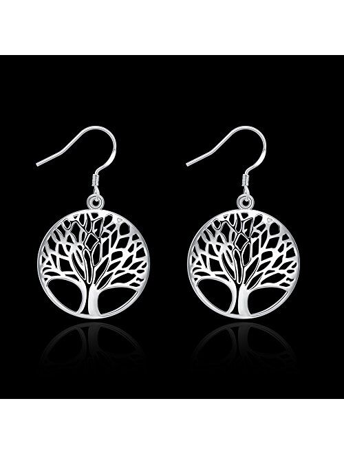 Tree of Life Earrings,Fashion Jewelry Sterling Silver Plated Tree Pendants Drop Dangle Earrings Necklace Set for Women Girls