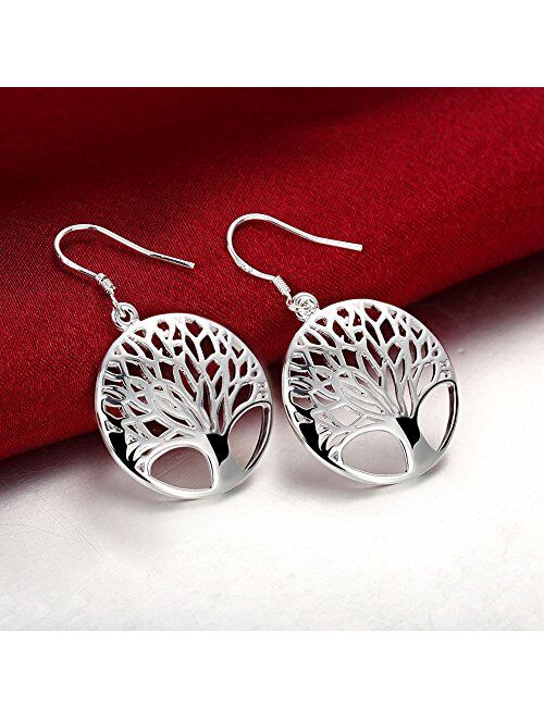 Tree of Life Earrings,Fashion Jewelry Sterling Silver Plated Tree Pendants Drop Dangle Earrings Necklace Set for Women Girls