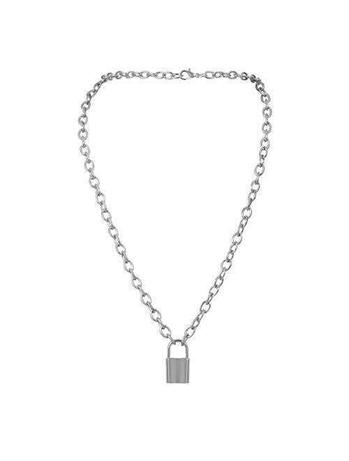 7th Moon Lock Pendant Necklace Statement Long Chain Punk Multilayer Choker Necklace for Women Girls (Silver)