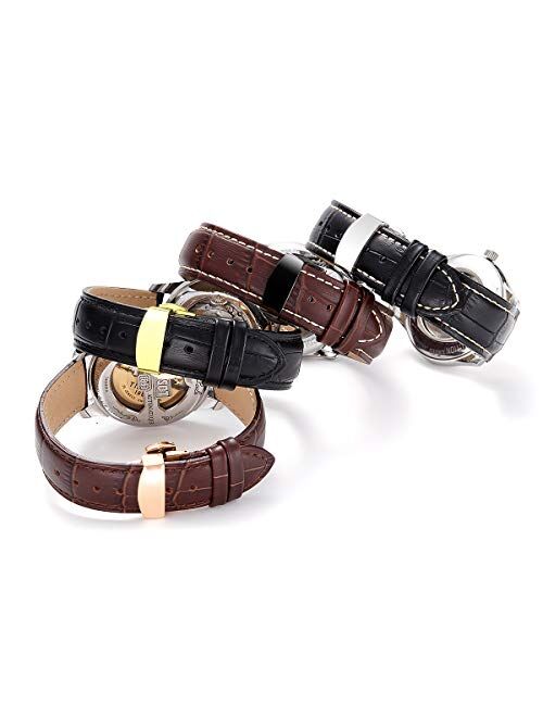 iStrap Leather Watch Band -Alligator Grain Embossed Pattern Calfskin Replacement Strap-Stainless Steel Deployment Buckle with Push Buttons-Bracelet for Men Women-18mm 19m