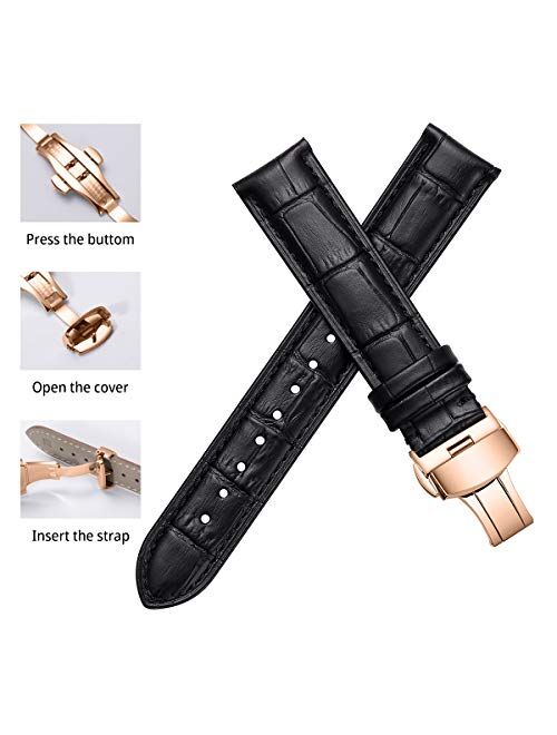 iStrap Leather Watch Band -Alligator Grain Embossed Pattern Calfskin Replacement Strap-Stainless Steel Deployment Buckle with Push Buttons-Bracelet for Men Women-18mm 19m