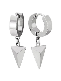 Black Dangling Triangle Pyramid Huggie Hinged Earrings for Men Women, Stainless Steel, 2pcs