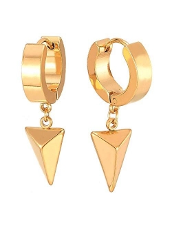 Black Dangling Triangle Pyramid Huggie Hinged Earrings for Men Women, Stainless Steel, 2pcs