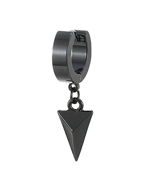 Black Dangling Triangle Pyramid Huggie Hinged Earrings for Men Women, Stainless Steel, 2pcs