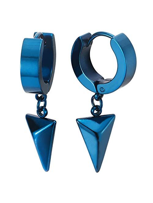 Black Dangling Triangle Pyramid Huggie Hinged Earrings for Men Women, Stainless Steel, 2pcs