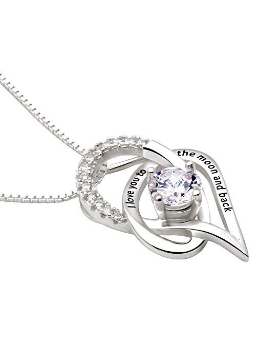 ALOV Jewelry Sterling Silver I Love You to The Moon and Back Love Heart Cubic Zirconia Pendant Necklace