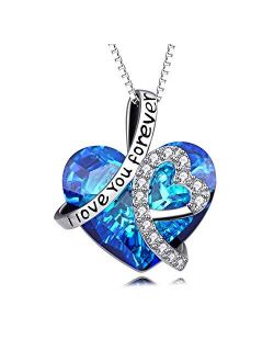 Sterling Silver"I Love You Forever" Heart Pendant Necklace with Blue Swarovski Crystals