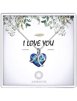 Sterling Silver"I Love You Forever" Heart Pendant Necklace with Blue Swarovski Crystals