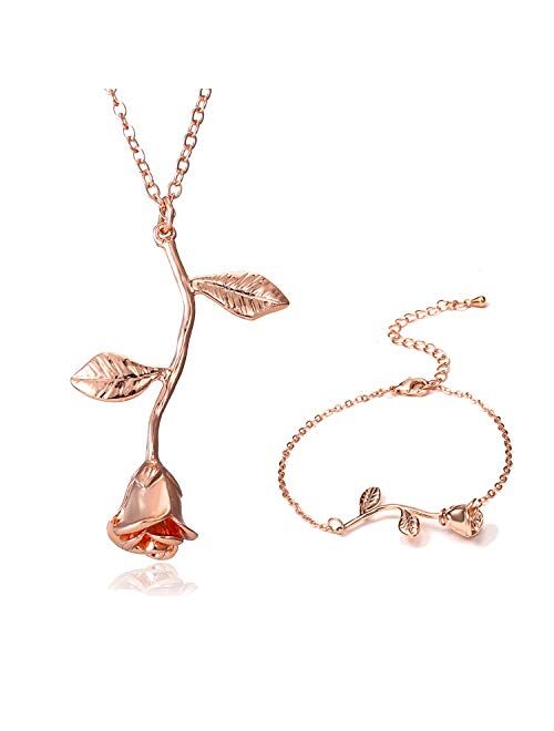 Rose Flower Necklace 18K Gold Plated Silver Rose Jewelry Gift for Women Girl