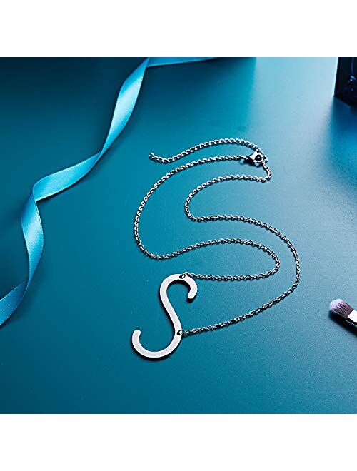 RINHOO Stainless Steel Large Silver Initial Alphabet 26 Big Letters Script Name Pendant Chain Necklace from A-Z