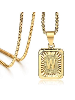 Hermah 26 Gold Plated Square Capital Initial Letter Charm Pendant Necklace for Men Women Box Steel Chain 18-22inch