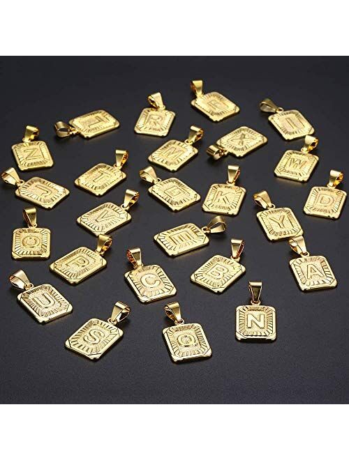 Hermah 26 Gold Plated Square Capital Initial Letter Charm Pendant Necklace for Men Women Box Steel Chain 18-22inch