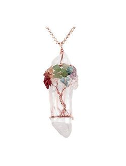 JOVIVI Chakra Gemstone Tree of Life Wire Wrapped Natural Clear Quartz Healing Crystal Handmade Pendant Necklace Mother's Day Gift