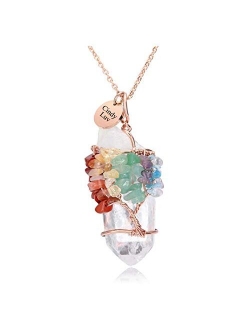 JOVIVI Chakra Gemstone Tree of Life Wire Wrapped Natural Clear Quartz Healing Crystal Handmade Pendant Necklace Mother's Day Gift