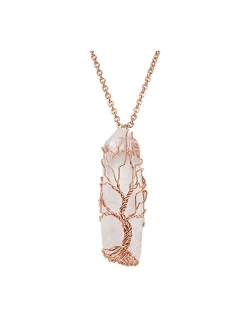 JOVIVI Chakra Gemstone Tree of Life Wire Wrapped Natural Clear Quartz Healing Crystal Handmade Pendant Necklace Mother's Day Gift