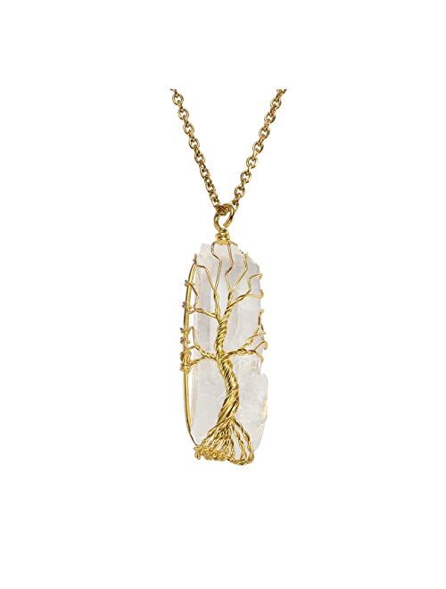 JOVIVI Chakra Gemstone Tree of Life Wire Wrapped Natural Clear Quartz Healing Crystal Handmade Pendant Necklace Mother's Day Gift