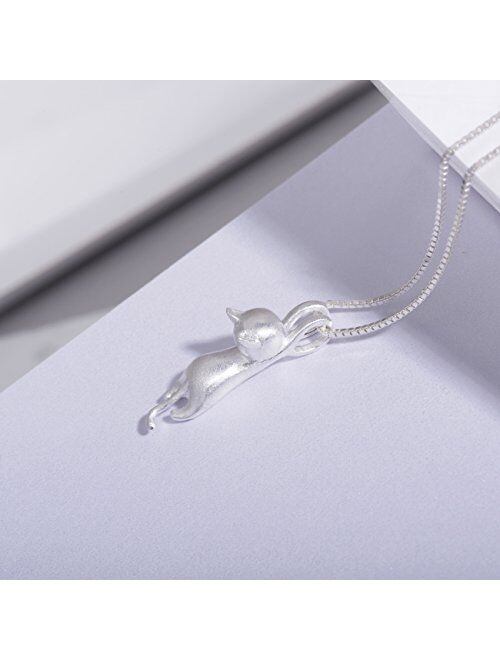 S.Leaf Sterling Silver Cat Necklace Cat Pendant Necklace for Women