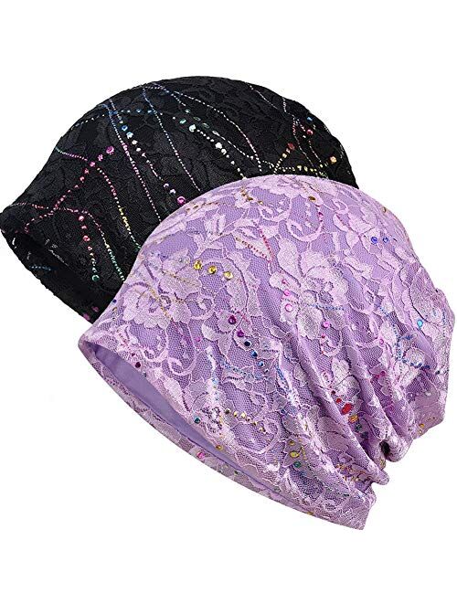 Womens Cotton Beanie Lace Turban Soft Sleep Cap Chemo Hats Fashion Slouchy Hat