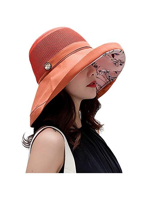 Women Mesh Sun Hats Summer Beach UV Protection UPF Packable Wide Brim Chin Strap