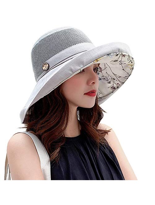 Women Mesh Sun Hats Summer Beach UV Protection UPF Packable Wide Brim Chin Strap