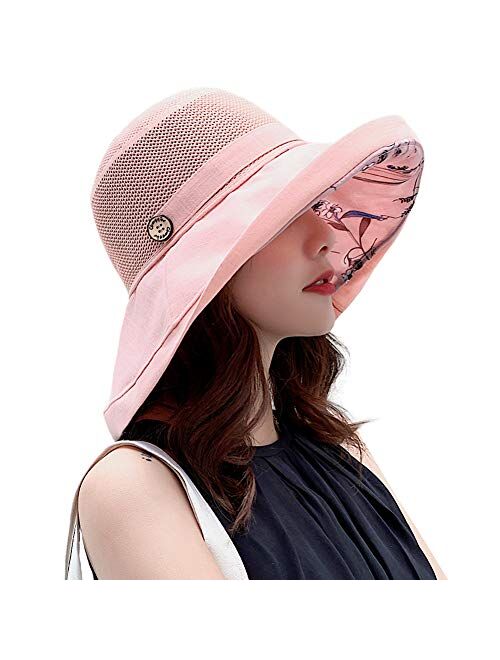 Women Mesh Sun Hats Summer Beach UV Protection UPF Packable Wide Brim Chin Strap