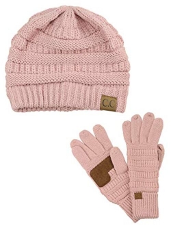 C.C Unisex Soft Stretch Cable Knit Beanie and Anti-Slip Touchscreen Gloves 2 Pc Set 2 Pc Set