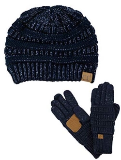 C.C Unisex Soft Stretch Cable Knit Beanie and Anti-Slip Touchscreen Gloves 2 Pc Set 2 Pc Set