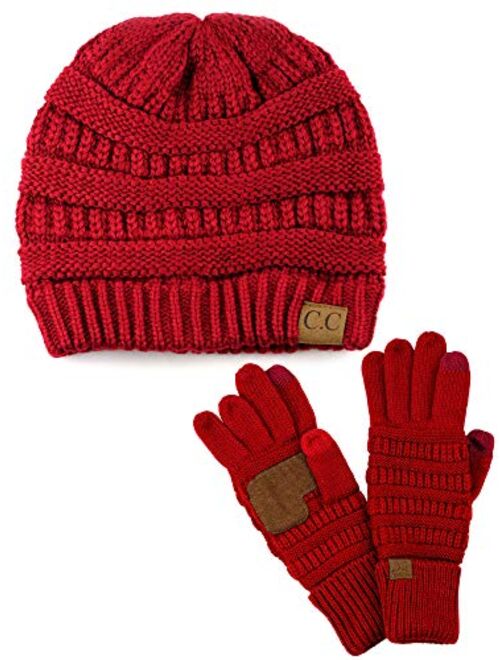 C.C Unisex Soft Stretch Cable Knit Beanie and Anti-Slip Touchscreen Gloves 2 Pc Set 2 Pc Set