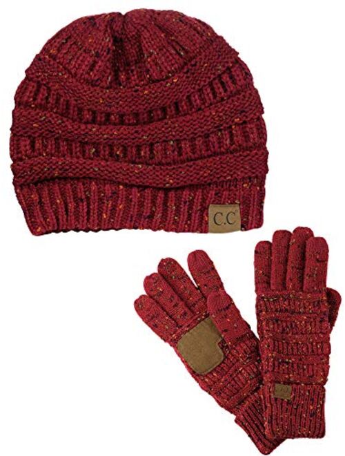 C.C Unisex Soft Stretch Cable Knit Beanie and Anti-Slip Touchscreen Gloves 2 Pc Set 2 Pc Set