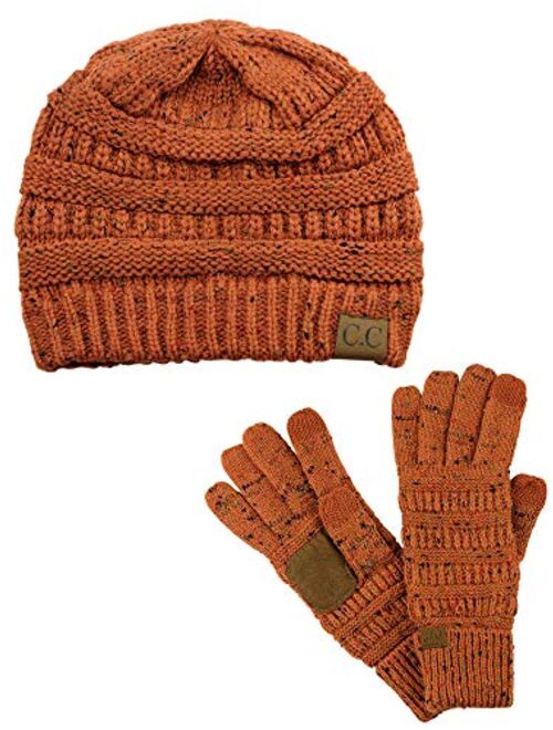 C.C Unisex Soft Stretch Cable Knit Beanie and Anti-Slip Touchscreen Gloves 2 Pc Set 2 Pc Set